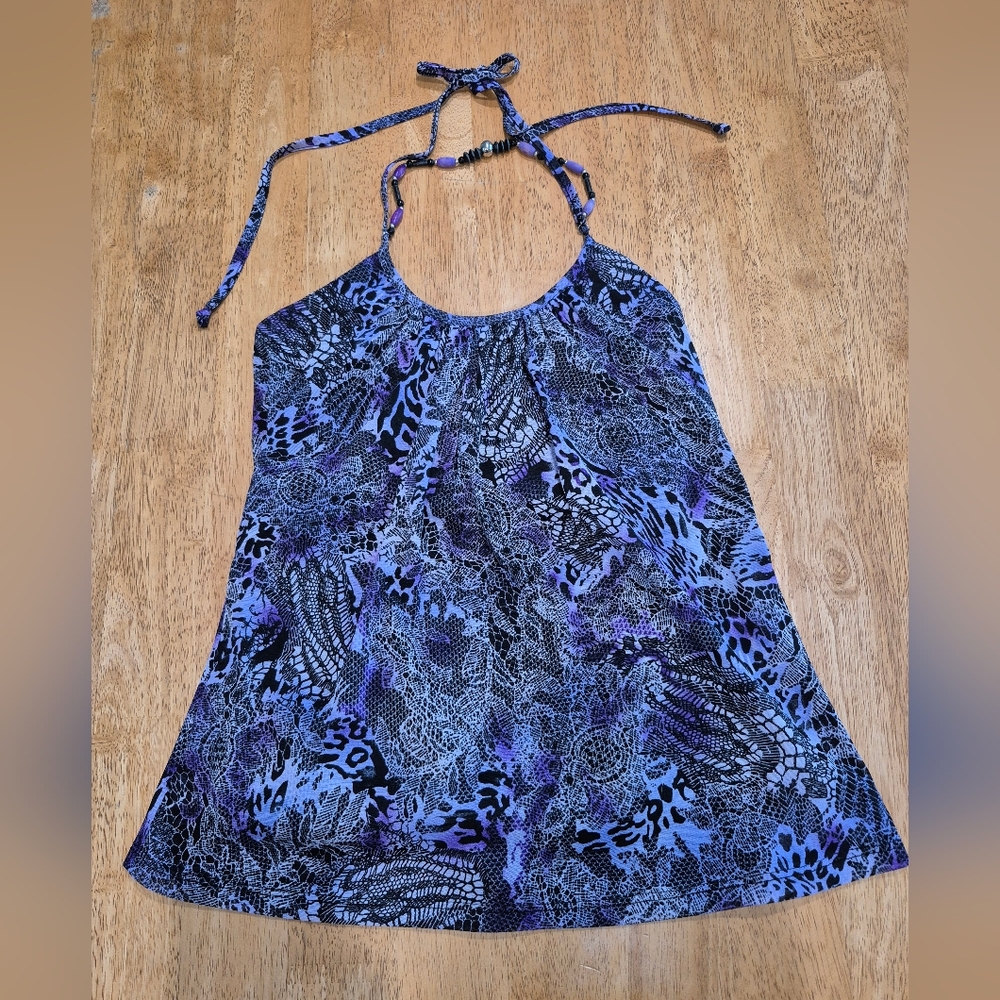 EUC IZ Byer Purple And Black Halter Beaded Blouse Shirt Tank Top